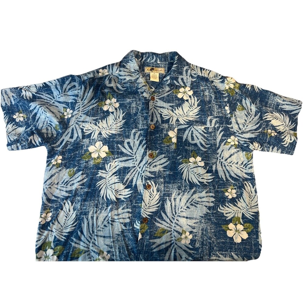 Joe Marlin Men's Hawaiian Shirt Blue Palm Fronds Button Up Size XL Rayon blend